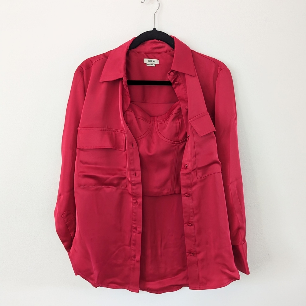 Jason Wu Red Satin Button Up Blouse with Bustier Top 2pc Set XS